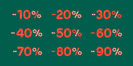 Set of Discount Icons in Percentages from 10 to 90. Season of Sales. Creative design of glossy red...
