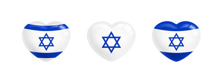 Israel Hearts 3D Symbol Set. Israel Flag Icon in the Shape of Heart. Stylization patriotic Israeli flag with love symbol. Conceptual symbol. Support for the country. Stock 3d Vector Icons Setのイラスト素材