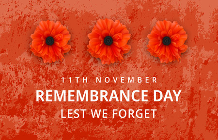 Remembrance Day Poster. Poppy Day. Poppy flower - Remembrance Day symbol. November 11 Remembrance Day Lest We Forget text. 3 Realistic Poppy Flower on the red grunge background. 3d Vector illustrationのイラスト素材