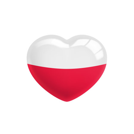 Poland Heart Symbol. Poland Flag Icon in the Shape of Heart. Abstract Patriotic Polish Flag with Love symbol. Conceptual symbol. Love Poland concept. Realistic 3D Vector illustrationのイラスト素材