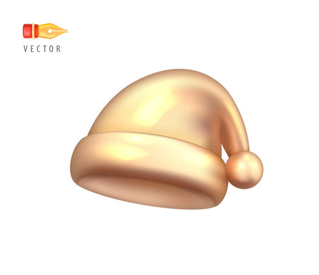 Santa Claus Christmas Gold Hat. Christmas and New Year element of traditional costume. Realistic 3d mocup design element in cartoon style. Icon isolated on white background. 3D Vector illustrationのイラスト素材