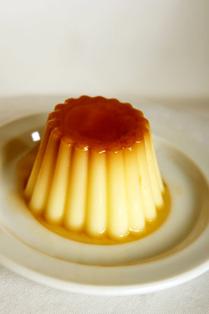 side vanilla flan with white background and space for text