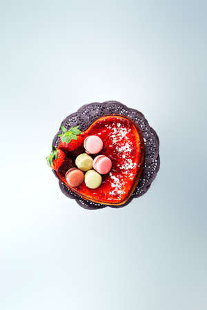 heart shaped strawberry cheesecake top view. copy spaceの写真素材