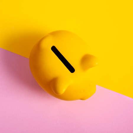 top view of piggy bank in 2 colors background. yellow and pink. saving concept.の写真素材