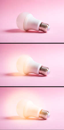 Transition of light bulb from off to on on a pink background, triptych. Concept idea.の写真素材