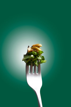 spinach salad on a fork on green background with copy spaceの写真素材