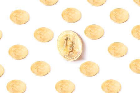 Golden bitcoin cryptocurrency pattern on isolated white background. cryptocurrency concept currencyの写真素材