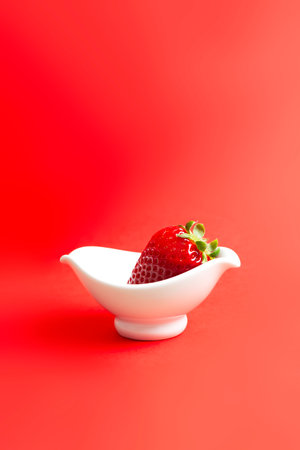 strawberry in bowl on red background. Copy space.の写真素材