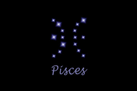 Pisces zodiac sign composed of shining stars on black backgroundの写真素材