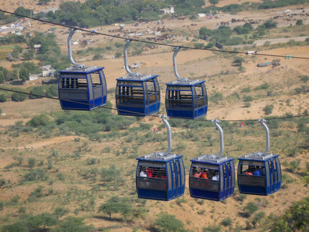 Pushkar, Rajasthan India - November 13, 2021 : Ropeway or cable car for mountain temple pilgrims in Pushkar, Rajasthan India.のeditorial素材