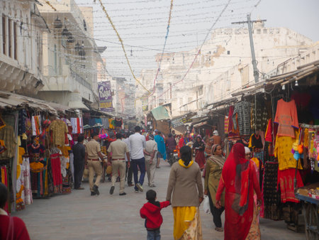 Pushkar, Rajasthan India - November 14, 2021 : Indian Local Street Market at Pushkar City. Local people shopping from street shops.のeditorial素材