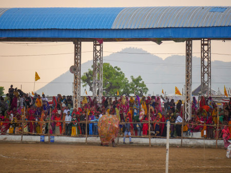 Pushkar, Rajasthan / India - November 5, 2019 : Crowd gathered in Stadium at Indiaâs biggest culture fair âPushkar Fairâ.のeditorial素材