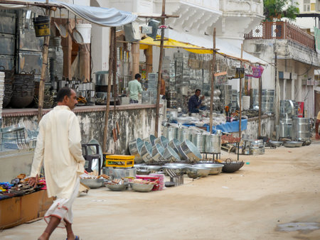 Pushkar, Rajasthan / India - November 5, 2019 : Street market Kitchen Utensil seller in Indian rural village Street Local Market.のeditorial素材