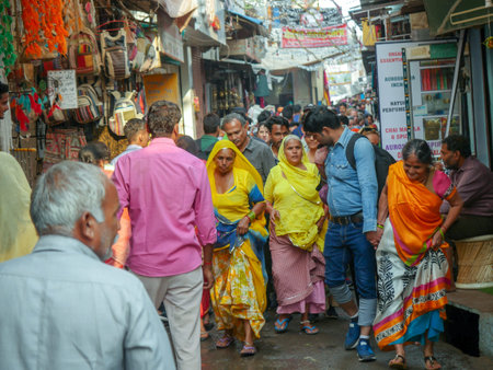 Pushkar, Rajasthan / India - November 5, 2019 : Street market in rural India. Crowded busy Street...