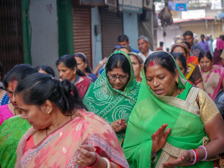 Pushkar, Rajasthan / India - November 5, 2019 : Street market in rural India. Crowded busy Street...