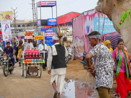 Pushkar, Rajasthan / India - November 5, 2019 : Street market in rural India. Crowded busy Street...