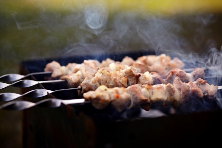 Fried meat  Shashlik preparation  Smoking shashlik  Tasty food の写真素材