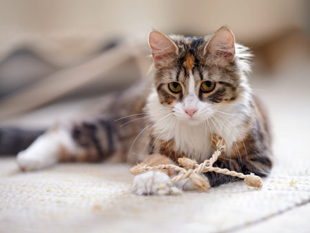 Multi-colored cat with yellow eyes. Striped not purebred kitten. Small predator. Small cat.