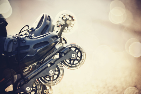 Wheels of roller skates closeup in the rays of the sun.の写真素材