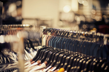 Shopping in store. Clothes on hangers in shop for sale. Blur background. Fashionable clothes in a...