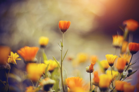 Orange camomiles - calendula. Orange flowers of calendula grow in the garden.