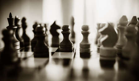 Wooden chess pieces on the chessboard. Intellectual game -chess. Chess pieces on the Board.の写真素材