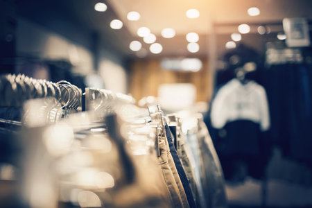 Shopping in store. Clothes on hangers in shop for sale. Blur background. Fashionable clothes in a boutique. Various clothing on market.の写真素材