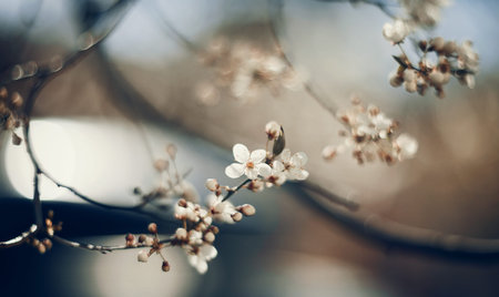 White flowers of cherry in a sunlight in the spring. Branches with white flowers.