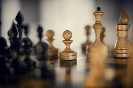 Wooden chess pieces on the chessboard. Intellectual game -chess. Chess pieces on the Board.の写真素材