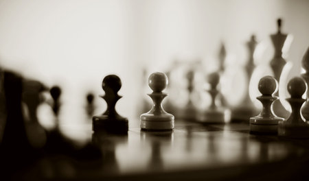 Two chess pieces are pawns: black and white. Wooden chess pieces on the chessboard. Intellectual game -chess. Chess pieces on the Board. A game of chess. Silhouettes of chess pieces.の素材 [FY310169254164]