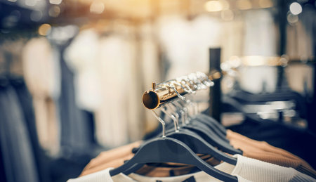 T-shirts on hangers. Shopping in store. Clothes on hangers in shop for sale. Blur background....