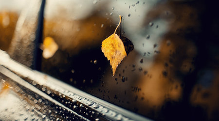 A yellow autumn birch leaf stuck to the wet car window.の写真素材
