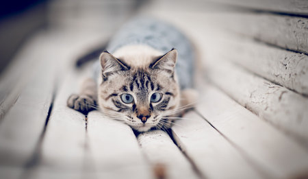 Portrait of a Thai cat in a sweater on a park bench. A Thai cat walks. A cat with a striped muzzle....