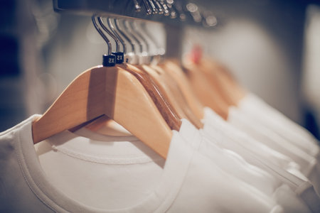 T-shirts on hangers. Shopping in store. Clothes on hangers in shop for sale. Blur background....