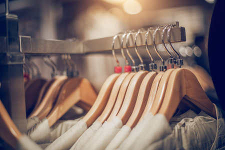 Hangers with clothes on the rail in the store. Shopping in store. Clothes on hangers in shop for sale. Blur background. Fashionable clothes in a boutique. Various clothing on market.の写真素材