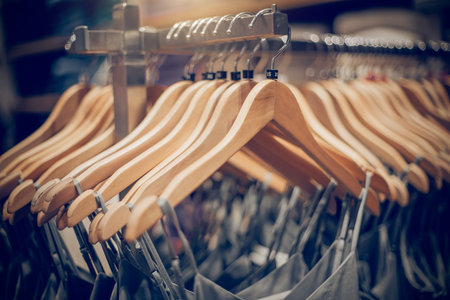 Wooden hangers with clothes on the rail in the store. Shopping in store. Clothes on hangers in shop...