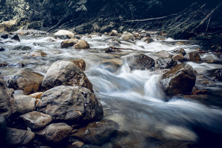 The rapid flow of the river with a rocky bottom. Background with water flowing over the stones.の写真素材