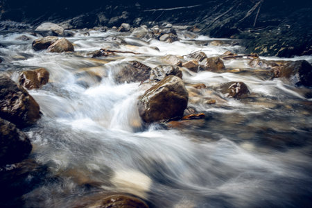 The rapid flow of the river with a rocky bottom. Background with water flowing over the stones.の写真素材