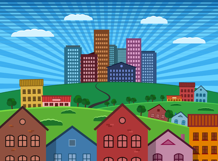 Suburb and City on Green Hill flat design illustration with solid fills and vivid colors. Vector EPS 10.のイラスト素材
