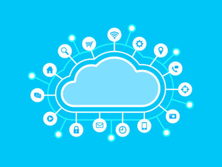 Computing cloud and internet icons connected with wires, blue backgroundのイラスト素材