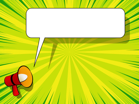 Comic book background with megaphone announcement, blank dialog window,   speech bubble template, old vintage magazine styleのイラスト素材