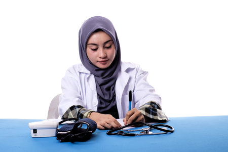 Sweet female doctor using sphygmomanometer with stethoscope checking blood pressure to a patient in...