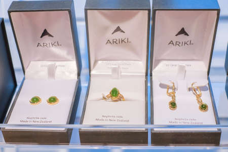 Christchurch, New Zealand â December 19th, 2017 :  Women's fashion jewellery and decorative wears made from jade  being displayed on a glass shelf.のeditorial素材