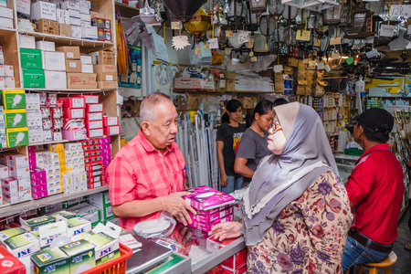Kuantan, Malaysia - February 19th, 2018: Cheerful woman consumer choosing new downlight lamp in lamp shop.のeditorial素材