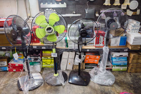 Kuantan, Malaysia - February 19th, 2018: Variety of different kinds of floor fans in lamp shop.のeditorial素材