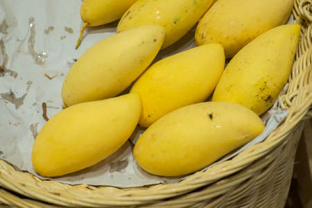 Fresh yellow raw manggoes display for sale at marketの写真素材