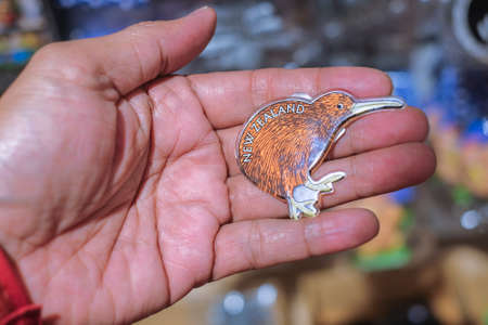 CHRISTCHURCH , NEW ZEALAND - DECEMBER 19th ,2017 : Man holding kiwi souvenir for sale in DF Souvenir.のeditorial素材
