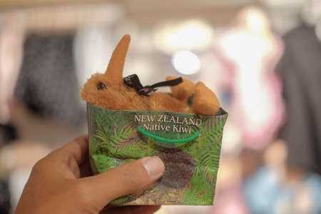 CHRISTCHURCH , NEW ZEALAND - DECEMBER 19th ,2017 : Man holding kiwi souvenir for sale in DF Souvenir.のeditorial素材