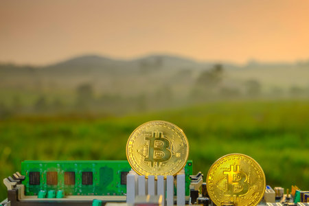 Bitcoin with a motherboard, Golden Bitcoin Cryptocurrency on computer circuit board with blurred...