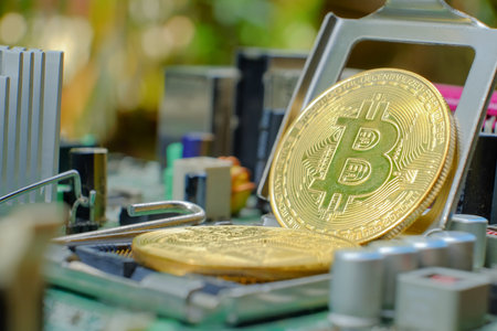 Bitcoin with a motherboard, Golden Bitcoin Cryptocurrency on computer circuit board with blurred...